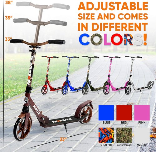 Hurtle Renegade Kick Scooter - 2-Wheel Folding Design with Adjustable T-Bar Handlebar & Anti-Slip Deck