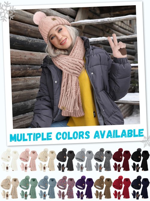 Winter Hat Scarf Gloves Set,Fleece Lined Pom Pom Beanie Hat Warm Knit Long Scarf Touchscreen Gloves Winter Gifts for Women Pink