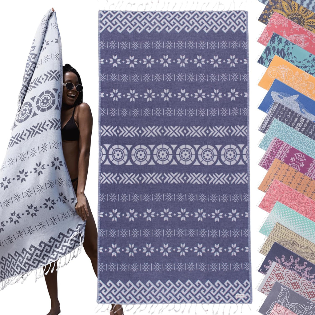 Turkish Towel Co. 100% Cotton Quick Dry Beach Towel - Oversized Sandproof Travel Towel (69 x 37 in) | Fast Drying, Packable, Cloud Design