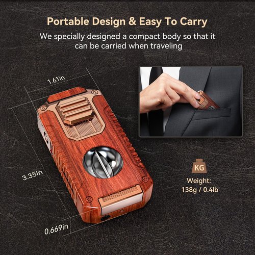 All-in-One Triple Torch Lighter with Built-in V Cutter, Holder, Punch, and Draw Enhancer Tool, Winproof Adjustable Triple Jet Flame Lighter, Refillable Lighter Gift for Men (Mahogany)