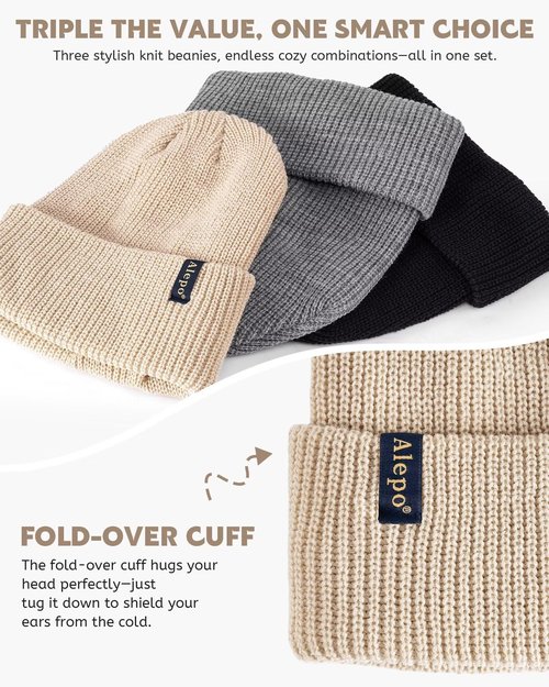 3 Pack Satin Lined Beanie for Women Men, Fashionable Silk Lined Winter Hats for Cold Weather, Warm Cable Knit Skull Cap Cuffed Beanies-01