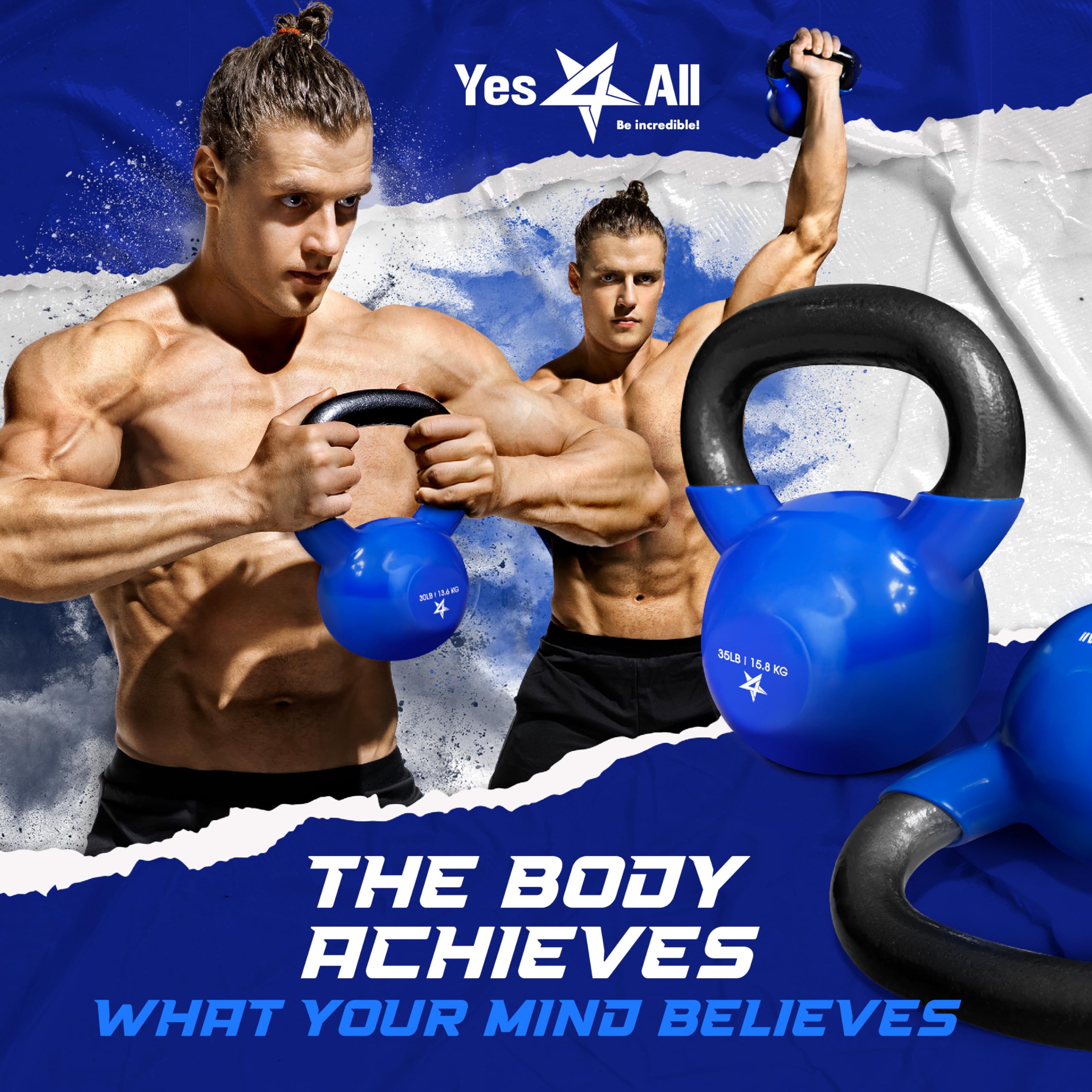 Yes4All 35 lb Kettlebell Weight Vinyl Coated Cast Iron for Dumbbell Weights Exercises, Gym, Fitness, Full Body Workout Equipment Push up, Grip and Strength Training, Blue