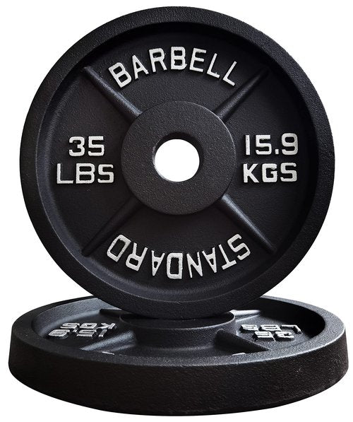 Signature Fitness Olympic 2-Inch Cast Iron Plate Weight Plate for Strength Training and Weightlifting, Style #1, 35LB Pair