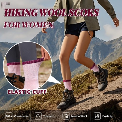 AMENLAN Women Merino Wool Hiking Socks Winter Thermal Boot Thick Warm Work Socks 5 Pairs (Purple Pink Green,Medium)
