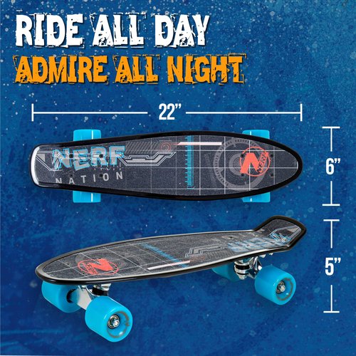 Flybar 22 Inch Complete Plastic Grip Tape Cruiser Skateboard Custom Non-Slip Deck Multiple Colors (NERF Blue Black)