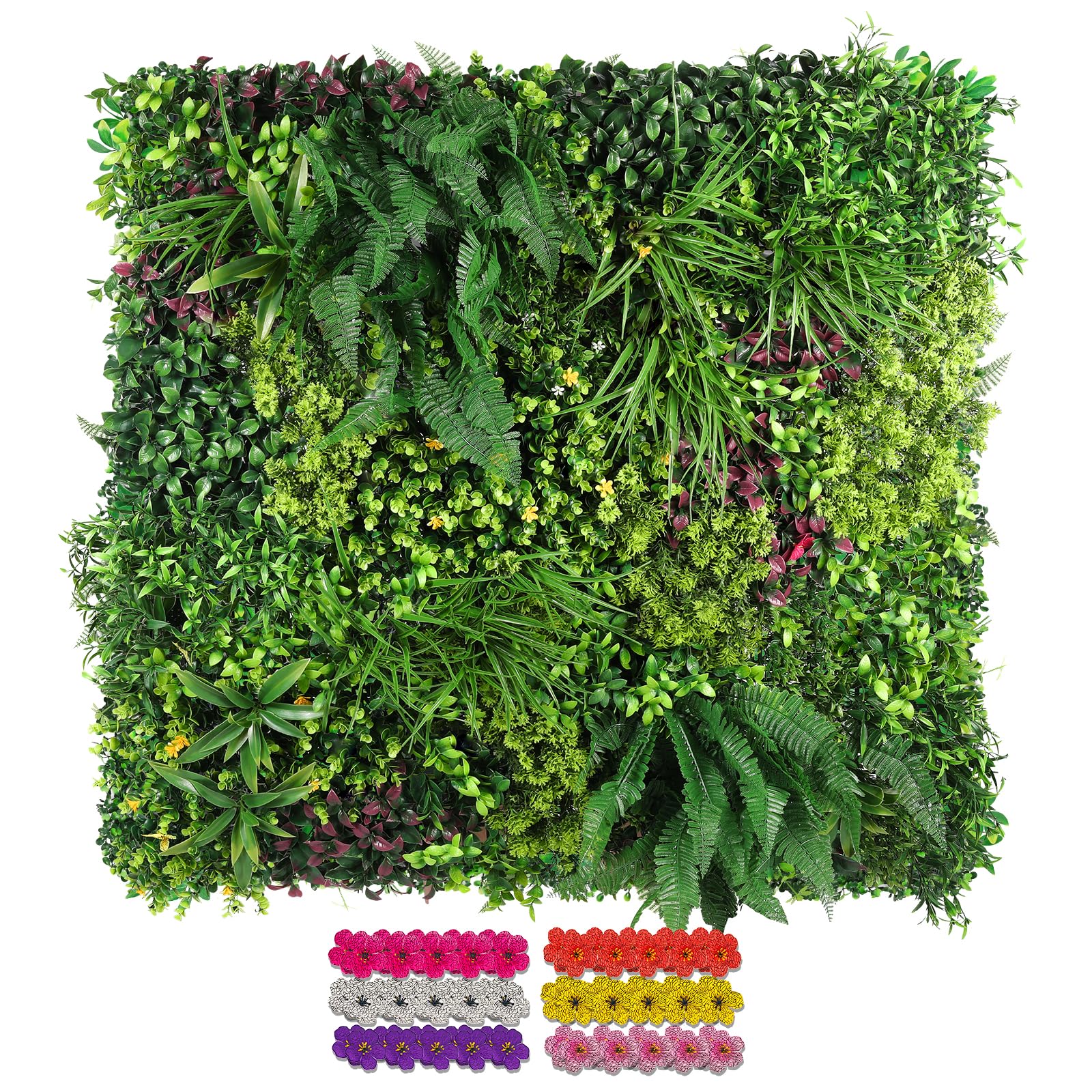 STURDON Artificial Grass Wall Panels for Indoor Outdoor, 40"x40" (11.09 Sq.Ft), 3D Boxwood Panels, Greenery Wall Backdrop for Home Living & Wedding Event Decor with DIY 60 PCS Flower,100 PCS Zip Ties