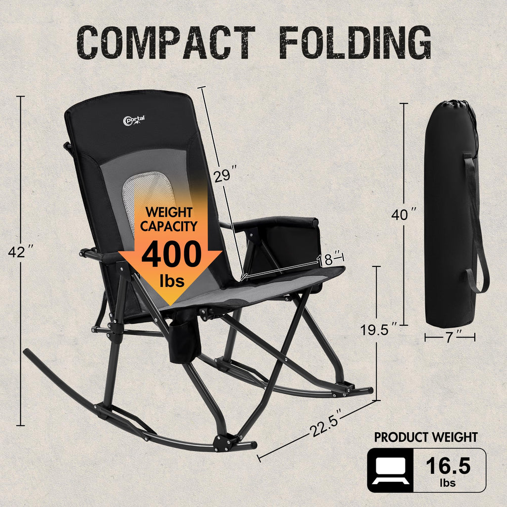 Portal Oversized Folding Rocking Camping Chair Portable Outdoor Rocker with High Back Hard Armrests Carry Bag, Supports 400 lbs, Mesh Back, Black & Grey