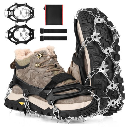 Ice Cleats for Shoes and Boots 32-Spike Stainless Steel Anti-Slip Crampons,Microspikes for Hiking (Large)