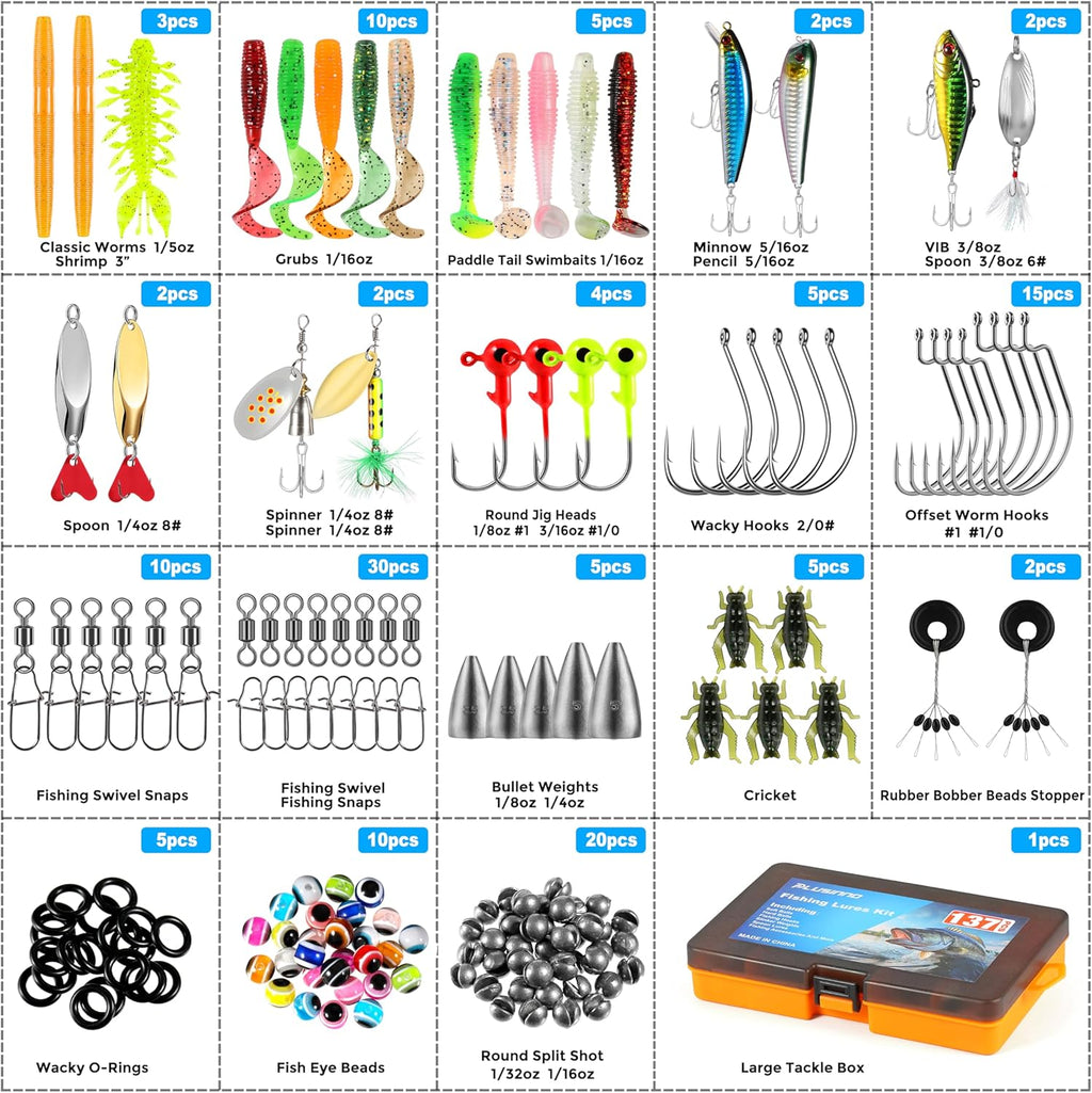 PLUSINNO Fishing Lures Kit - 137Pcs Tackle Box with Crankbaits, Hooks & Weights for Bass Fishing