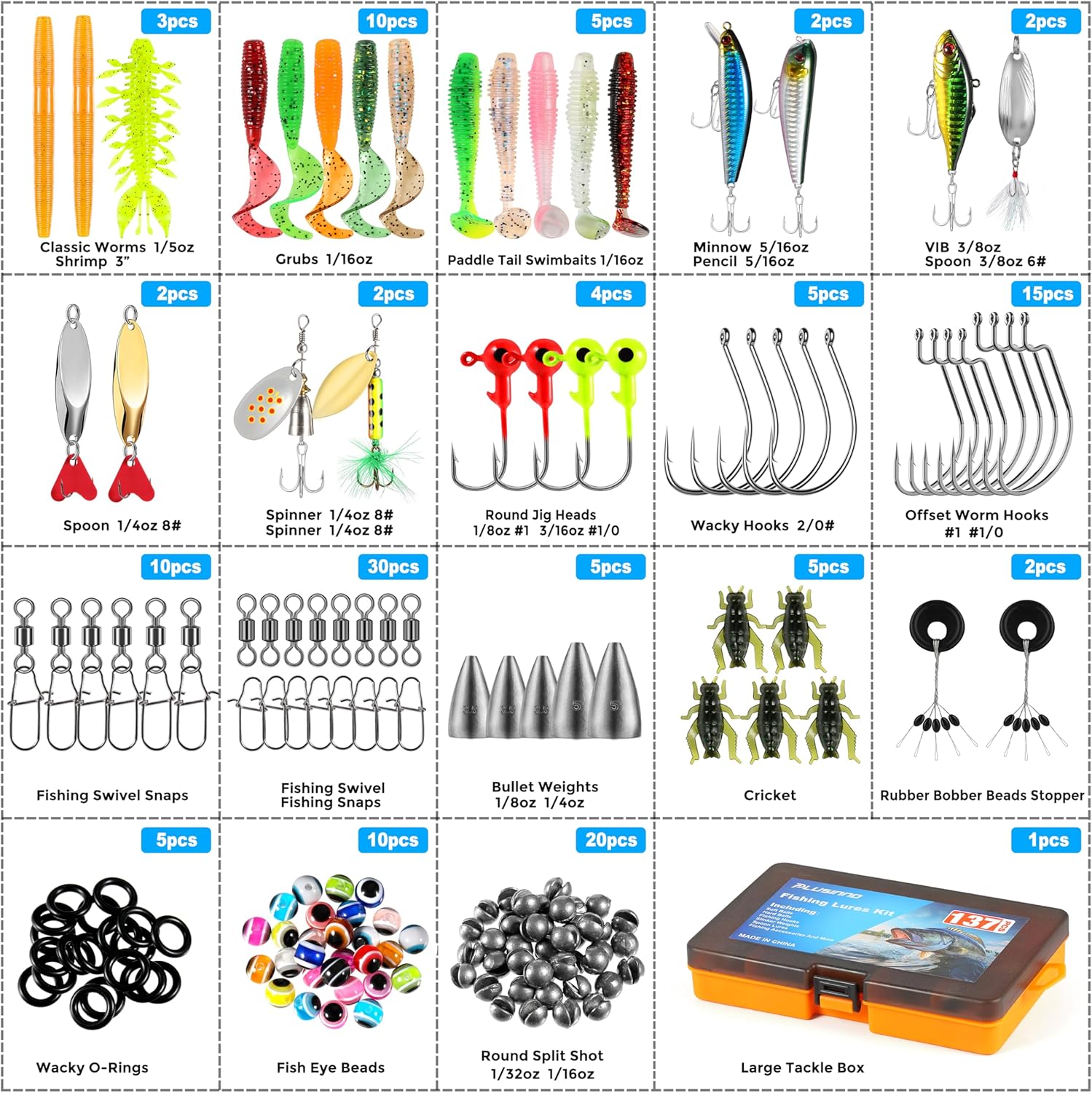 PLUSINNO Fishing Lures Kit - 137Pcs Tackle Box with Crankbaits, Hooks & Weights for Bass Fishing