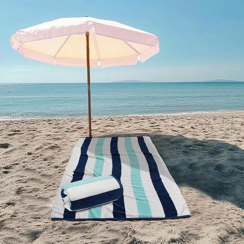 COTTON CRAFT Oversized XL Beach Towel - 100% Cotton Velour, 2 Pack, 39 x 68 Inches - Super Soft Luxury Cabana Stripe Blue