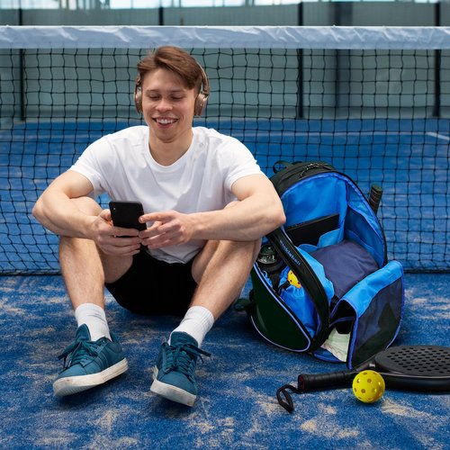 BSLN Pickleball Bag - Large Pickle Ball Sports Backpack with Padded Paddle Pockets & Large Bottom Sack for Shoes - Hanging Fence Hook, Storage Compartments for Laptop, Insulated Water Bottle (blue)