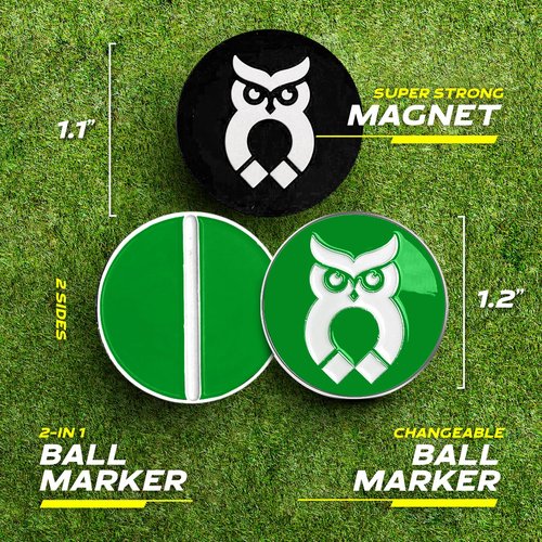 MagnetOwl Magnetic Golf Towel Clip (Turn Any Golf Towel Magnetic) - with 2 Sided Removable Ball Marker - Highest Strength Magnet - Removable and Resuable Towel Magnet - (Green)