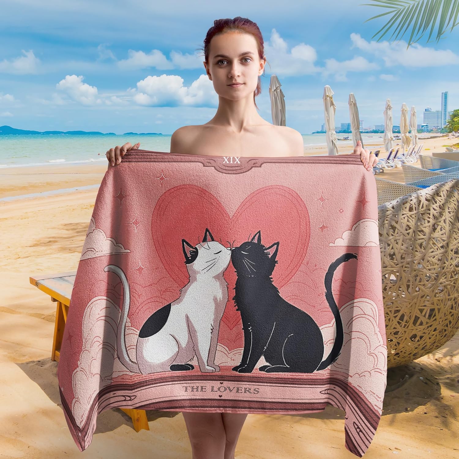 Pink Cat Valentine Beach Towel - Oversized Quick Dry Sand-Free Travel Towel | Perfect Gift for Women & Girls 30x60in