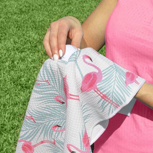 Microfiber Golf Towels for Golf Bags & Carts - Premium Weave Waffle & Ball Towels with Carabiner Clip, Essential Accessories for Men, Women and Kids, Golfer Gifts, Set of 2 (Flamingo Tropics)