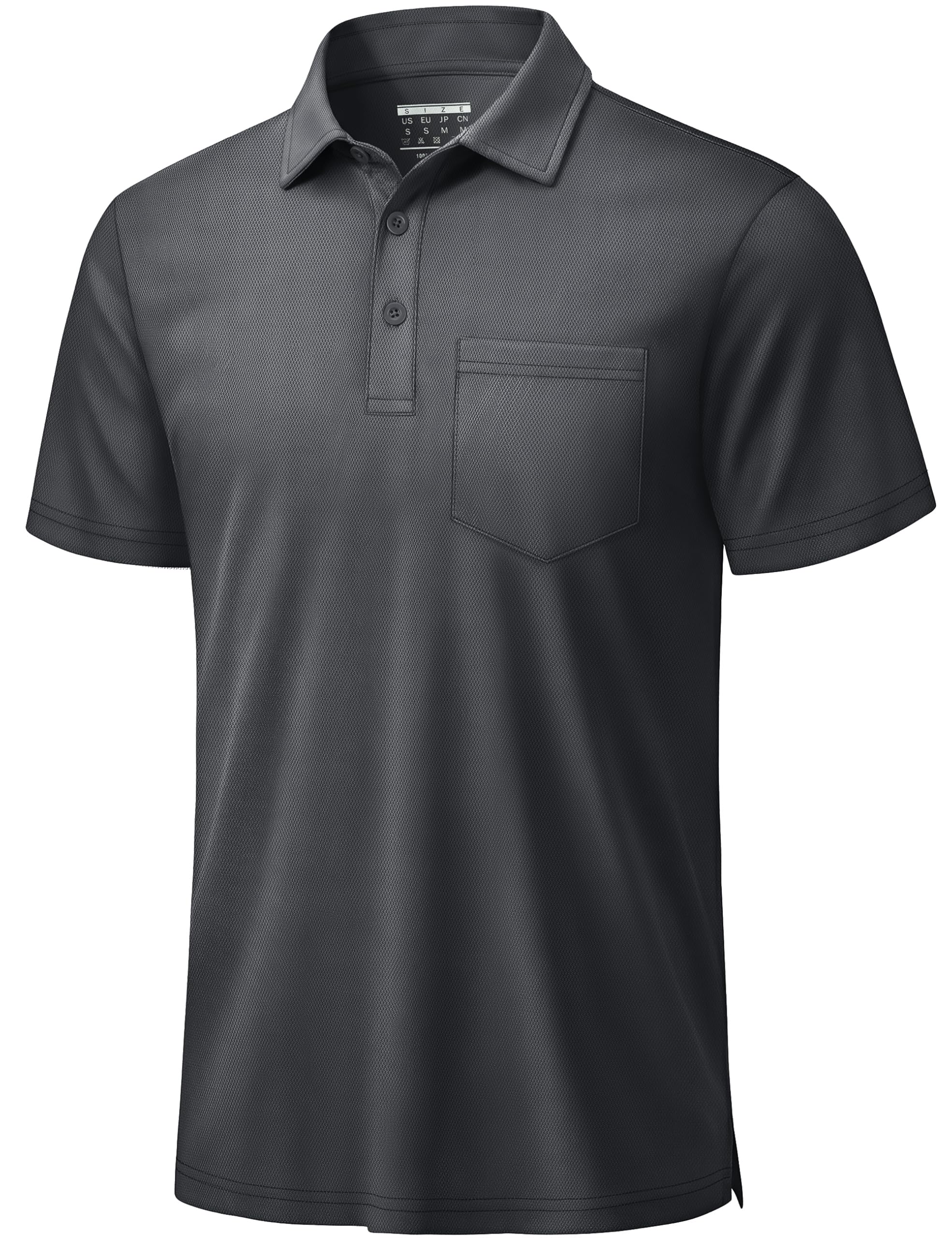 TACVASEN Mens Polo Shirts with Pocket Golf Polos Dry Fit Performance Short Sleeve Collared Shirt Casual Athletic Work Dark Gray L