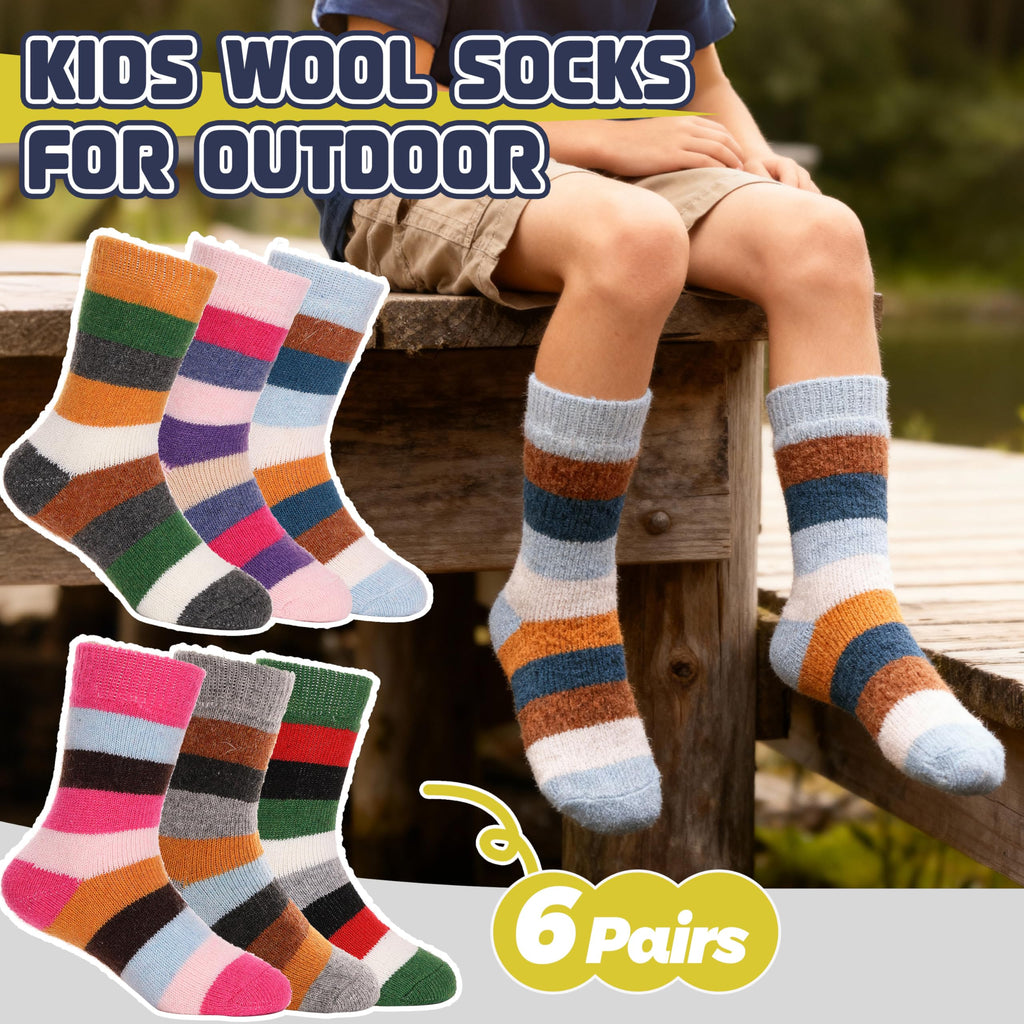 ProEtrade Merino Wool Socks for Kids Toddlers Boys Girls Thick Warm Winter Hiking Heavy Thermal Cozy Crew Boot Gift Socks 6 Pack(Colorful Stripes,4-7 Y)