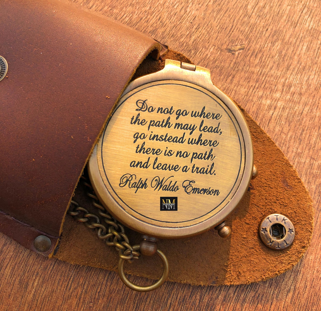 Ralph Waldo Emerson Quote Brass Compass Do not go Poem Compass with Leather Case for Graduation, Baptism, Confirmation - Brass Pocket Compass Gifts