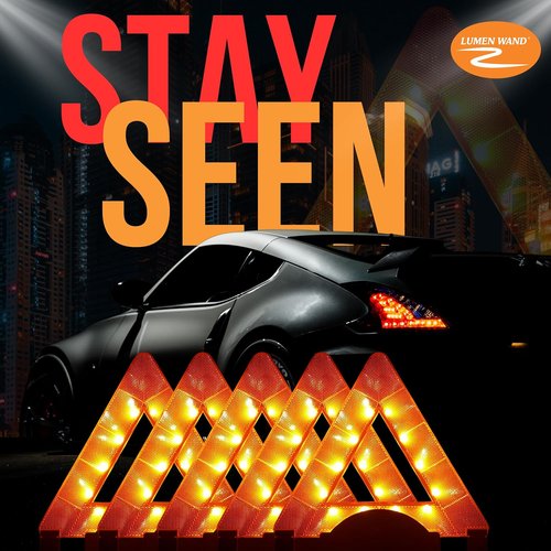 Lumen Wand LED Reflective Warning Triangles Kit - 3-Pack for Road Safety | Metal Base & Internal LEDs, Includes Storage Bag & 9 AAA Batteries