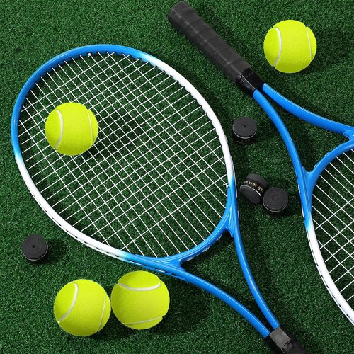 VercanMonth 4 Pack Tennis Rackets for Adults Recreational 4 Players Pre Strung 27 Inch Tennis Racquets Lightweight Rackets Bulk with Balls Overgrips for Training(Blue)