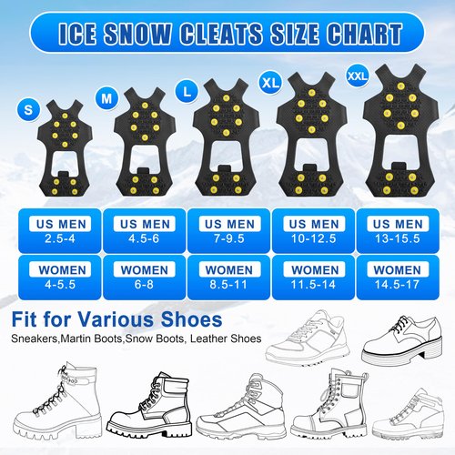 Ice Snow Cleats for Shoes Boots,Walk Traction Cleats Rubber Crampons Anti Slip 10-Stud Winter Ice Cleat Slip-on Stretch Footwear for Women Men Kids