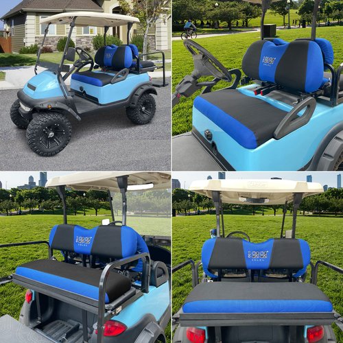10L0L Golf Cart Front and Rear Seat Cover Set for Club Car DS/Precedent/Onward/Tempo & Yamaha G29 /Drive 2,Stylish 4 Passenger Front Back Seat Covers,Breathable Washable Polyester Mesh (Black/Blue)