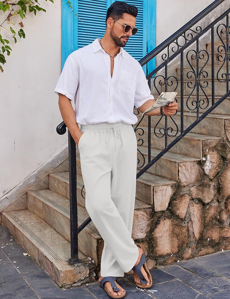COOFANDY Men's Linen Pants Loose Fit Elastic Waist Drawstring - White, Large