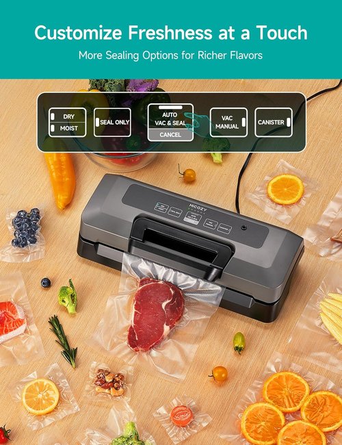 HiCOZY Vacuum Sealer - Powerful Heat Sealer with 7 Automatic Modes & Compact Design | Includes 10 Bags & Cutter