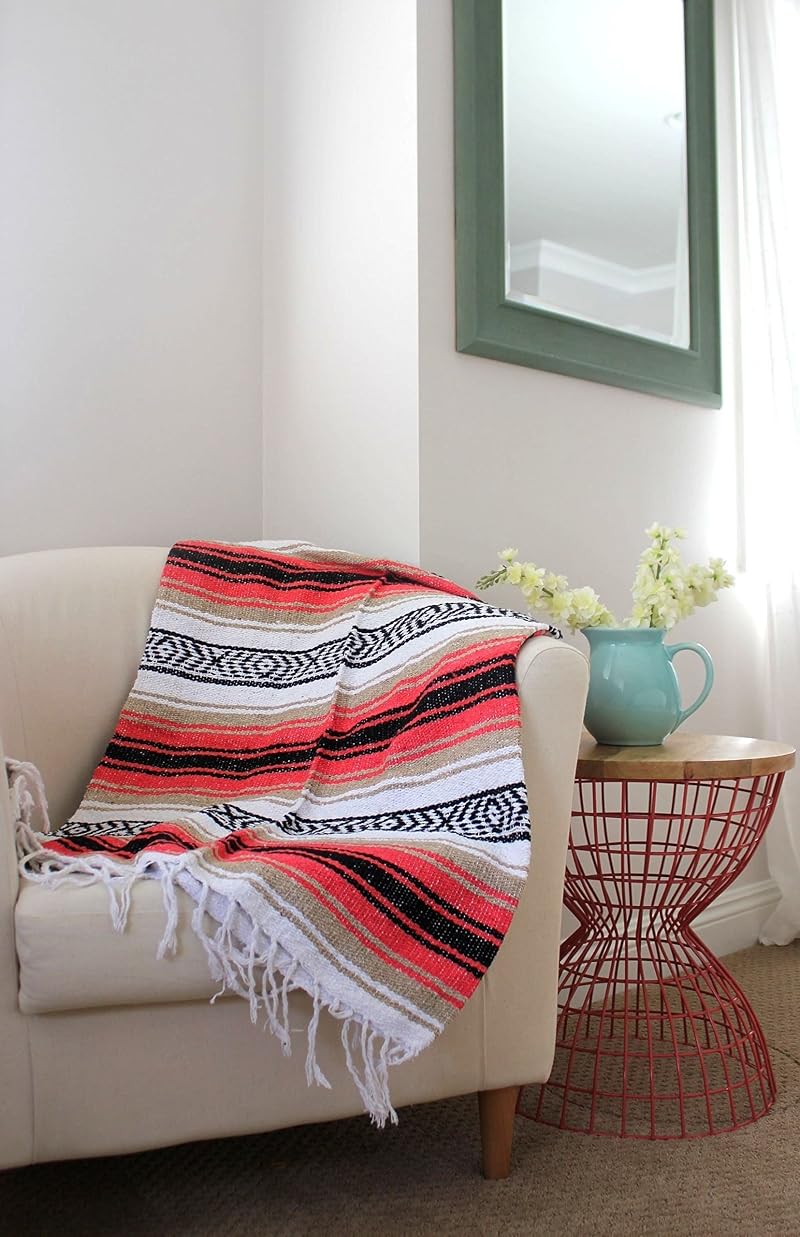 Del Mex Pink/Tan Falsa Blanket 70 x 50 inches - Handmade Mexican Throw
