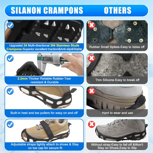 Ice Cleats for Shoes and Boots, Snow Traction Cleats Crampons Anti Slip 24 Steel Grippers Shoe Spikes Grips for Snow and Ice Slip-on Snow Cleats Overshoes for Women Men Winter Walking Hiking Fishing