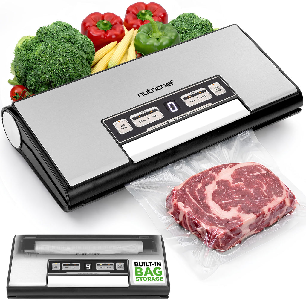 NutriChef Vacuum Sealer Machine, 80kPa Food Vacuum Sealer with Cutter, Bag Storage, Suction Hose, 1 Bag Roll & 5 Vacuum Bags to Ensure Freshness, Suitable for Freezer Meal Prep & Portioning 14"x7"x3"