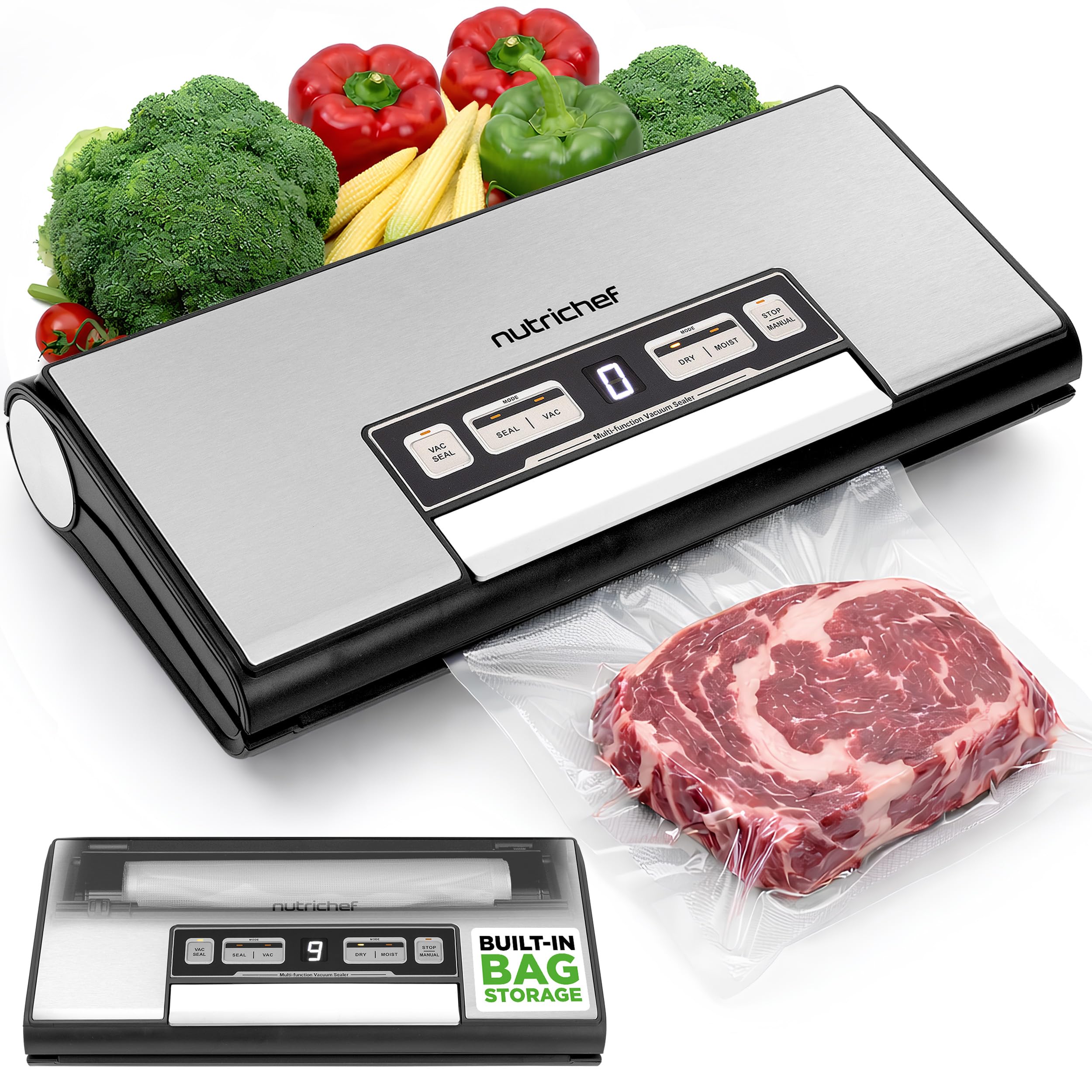 NutriChef Vacuum Sealer Machine, 80kPa Food Vacuum Sealer with Cutter, Bag Storage, Suction Hose, 1 Bag Roll & 5 Vacuum Bags to Ensure Freshness, Suitable for Freezer Meal Prep & Portioning 14"x7"x3"