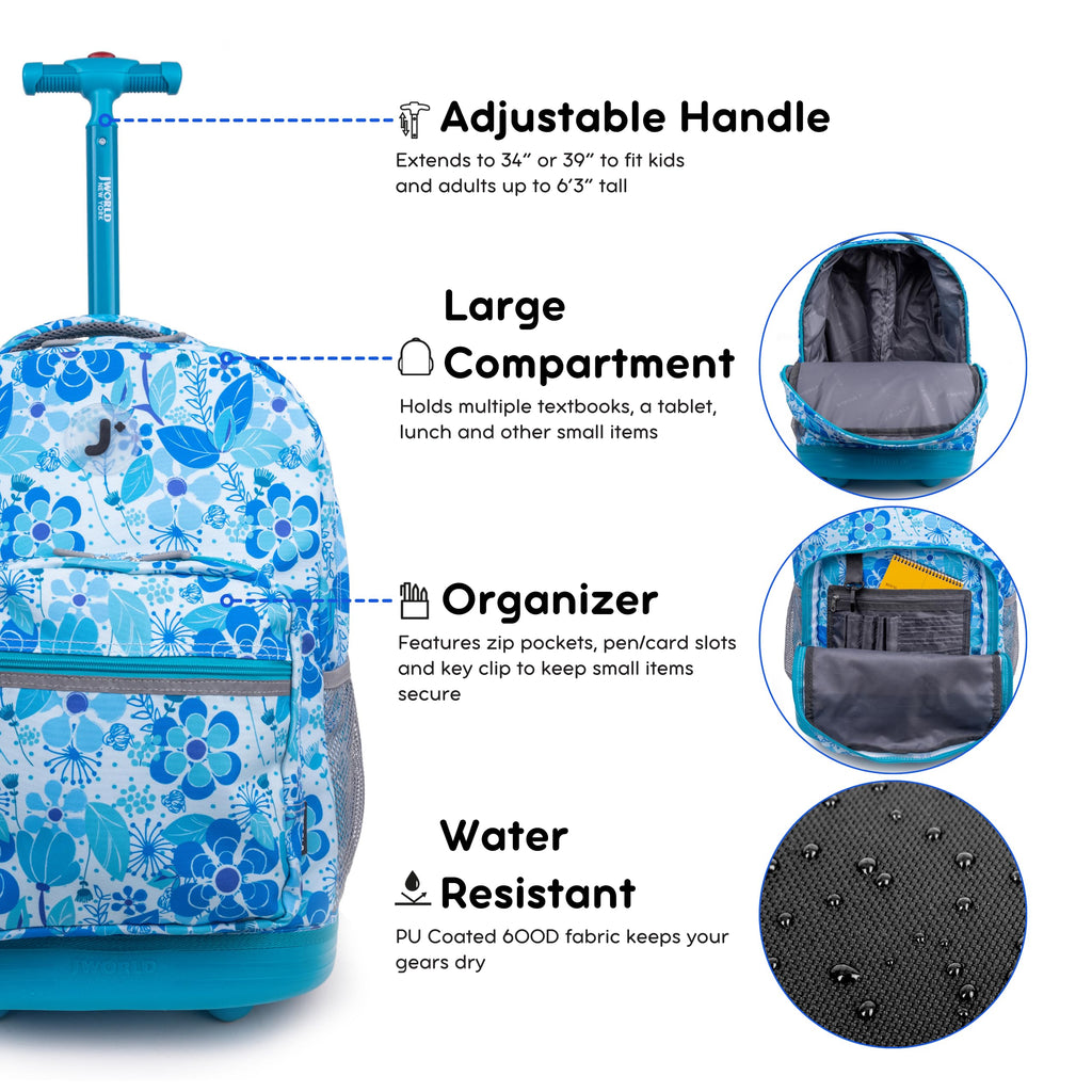 J World Sunrise Kids Rolling Backpack with Wheels for Girls Boys, Roller Bookbag for School, 18 x 13 x 9 Inches, Blue Vine