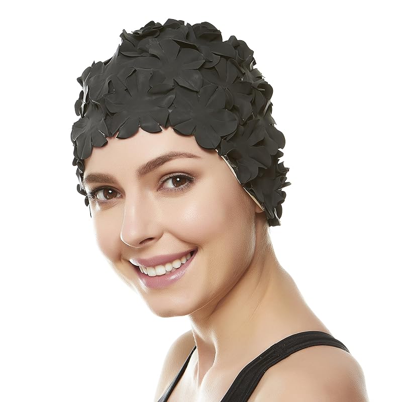 Beemo Floral Petal Swim Cap for Women - Retro Latex Hair Taper Ear Protection, Black Variation