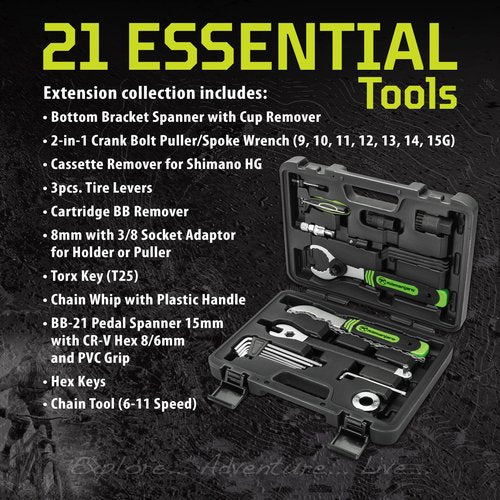 Kilimanjaro Cycle Series 21 Piece Bicycle Repair Tool Kit Set, Spoke Wrench, Tire Levers, Hex Keys, Pedal Spanner, Chain Tools - 910532ECE