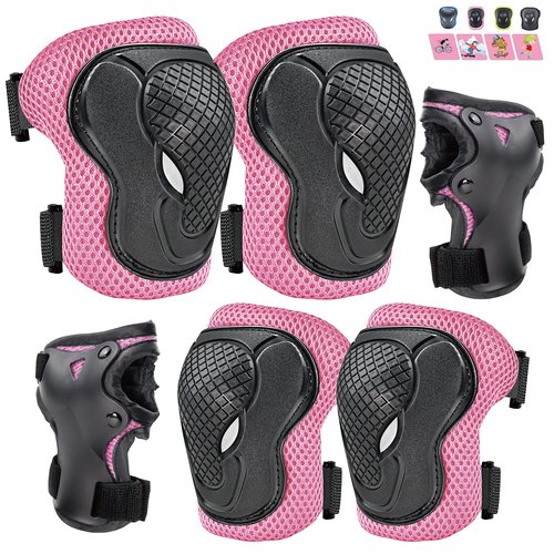 GTSBROS Knee Pads for Kids Knee Pads and Elbow Pads 6 in 1 Protective Gear Set with Wrist Guard for Boys Girls Skateboarding Inline Roller Skating Cycling Scooter(Pink)