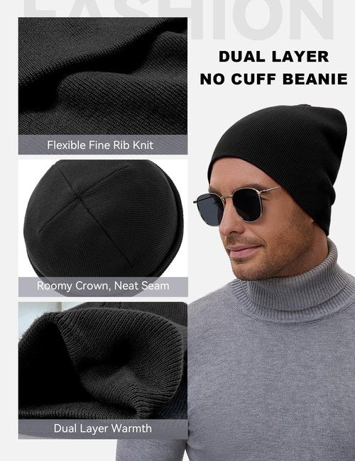 100% Cotton No Cuff Beanie Hat for Men Women, Cuffless Soft Warm Unisex Ribbed Knit Winter Fisherman Skull Cap, Black