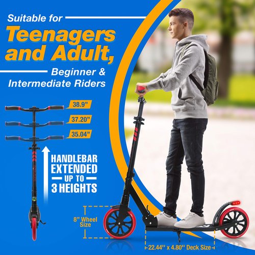 SereneLife Two Wheel Scooter for Teens, Smooth Gliding Kick Scooter for Adults w/ Adjustable Height for Ages 8+, Portable All Terrain Scooter w/ Carry Straps, Easy to Fold