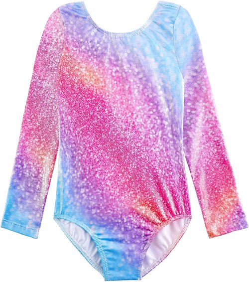 Belovance Gymnastics Leotards - Sparkly Rainbow Rhinestone Long Sleeve Bodysuits for Girls