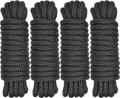 Boat Dock Lines - 1/2" x 15' Double Braided Nylon Ropes | Marine-Grade High Strength with 12" Loop - 4 Pack, Black
