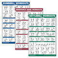 Palace Learning 3 Pack, Dumbbell Exercise Poster + Kettlebell Workouts + Resistance Bands Exercises - Set of 3 Workout Charts (LAMINATED, 18" x 24")