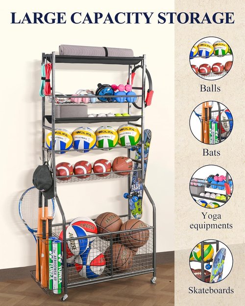 Mythinglogic Garage Ball Storage | Rolling Sports Equipment Organizer with Wheels for Indoor/Outdoor Use