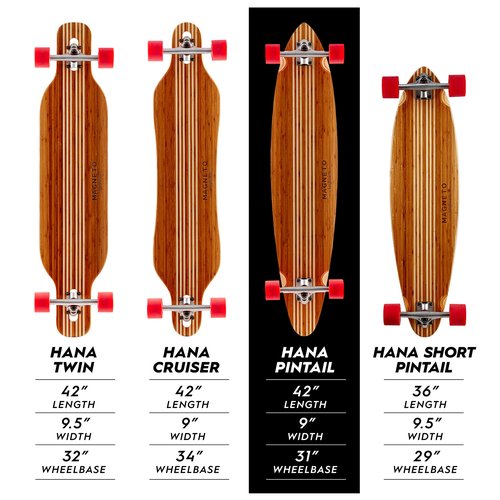 Magneto Bamboo Pintail Longboard Skateboard - Cruiser Skateboard with 70mm 78A Wheels - Stable 8-Ply Maple Core Longboard Deck - Skate Tool for On-The-Go Adjustments - 42 in x 9 in, Hana Pintail
