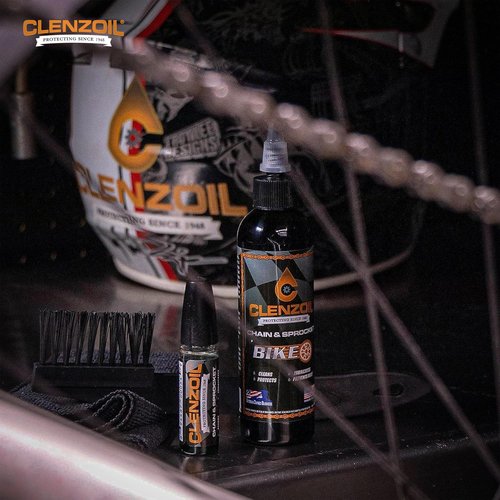 Clenzoil Chain & Sprocket Cleaning Kit - Chain Cleaner Lubricant Protectant (CLP) - Wet Lube Application, Dry Lube Performance - 4 oz Bottle, 0.5 oz Needle, Microfiber Towel & Chain Brush