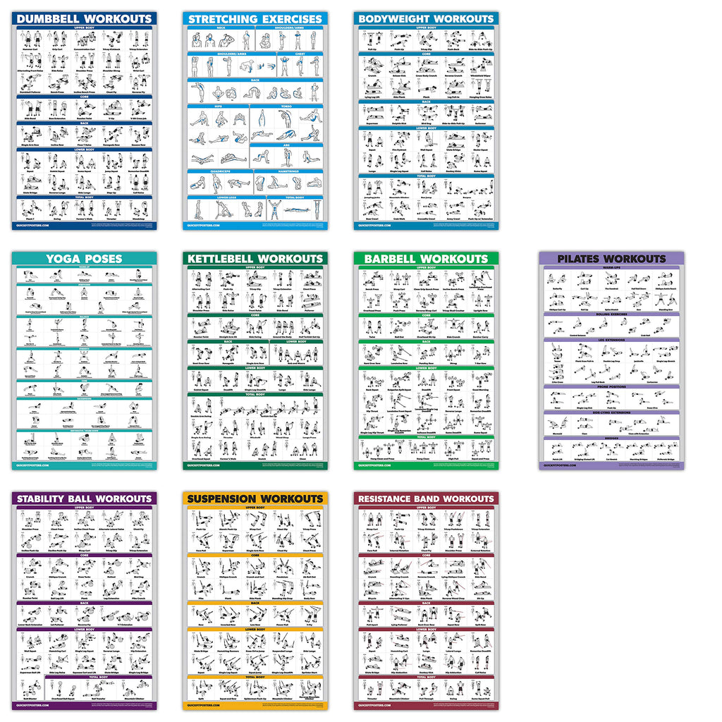 QuickFit 10 Pack - Exercise Workout Poster Set - Pilates, Dumbbell, Suspension, Kettlebell, Resistance Bands, Stretching, Bodyweight, Barbell, Yoga Poses, Exercise Ball (LAMINATED, 18" x 24")