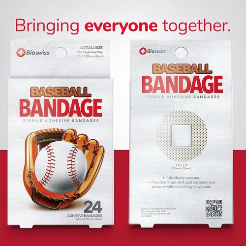 BioSwiss Baseball Shaped Bandages - Latex Free & Sterile Wound Care | 24 Count Set