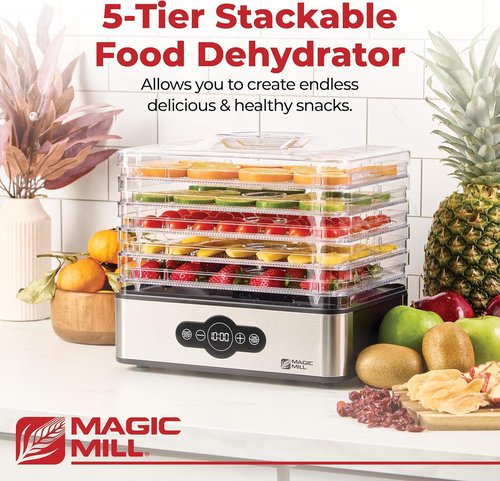 Magic Mill Food Dehydrator Machine - 5 Stackable Stainless Steel Trays, 48H Digital Timer & Adjustable Temp Control Up to 167° for Jerky, Fruits & Dog Treats