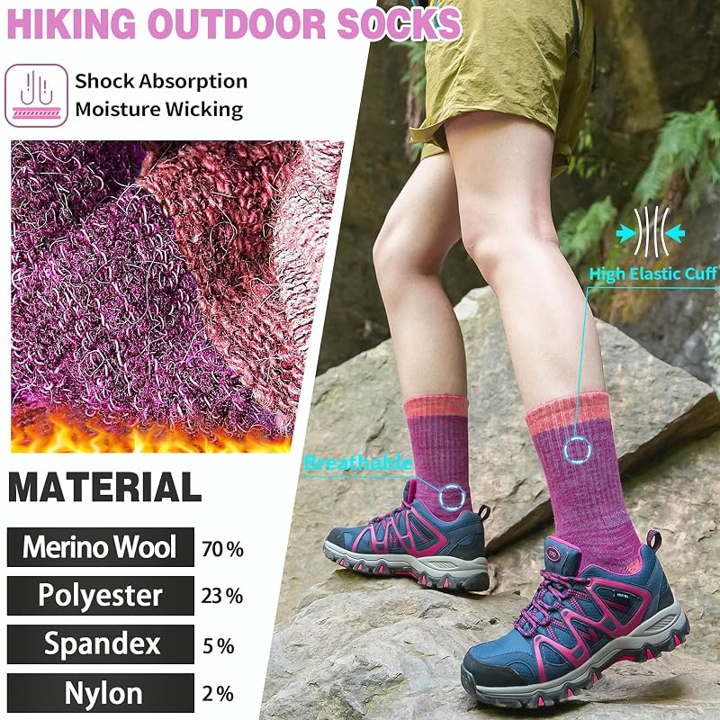 Merino Wool Hiking Socks for Women - Thermal, Cushioned, Moisture-Wicking, 5 Pairs (Black/Gray/Blue/Rose Red/Dark Caramel) Medium