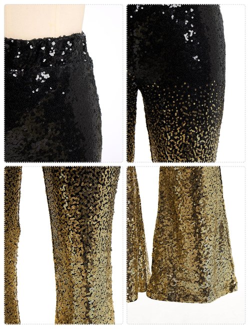 ODIZLI Sequin Pants Women Wide Leg Sparkle Dance Glitter Womens Sequence Pants for Ladies Sparkly Black Flare Disco Costume Clubwear Party Bell Bottom Leggings Black Gradient Gold XL