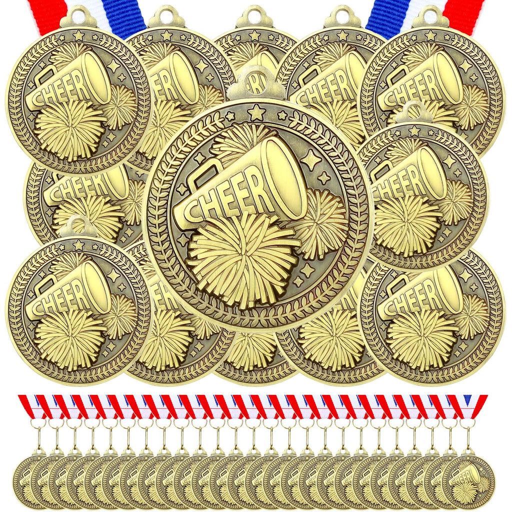 Remuuly 60 Pcs Gold Award Medals 2 Inch Soccer Baseball Volleyball Football Cheer Trophy Medals Metal Awards Bulk with Neck Ribbons Trophy Prize Gifts for Sports Competitions(Cheer)
